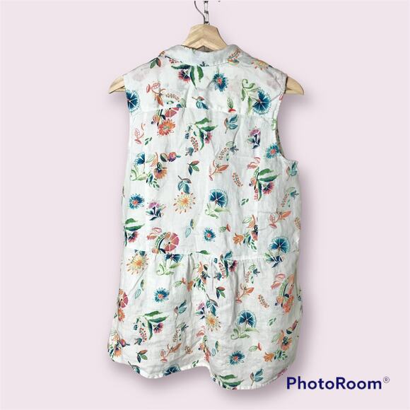 J. Jill Women's MP Petite Medium 100% Linen White Floral Sleeveless Tunic Blouse - Picture 2 of 9